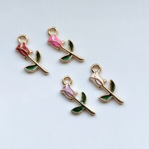 Romantic Cute Gold Tone Enamel Rose Spring Flower Pendant Bracelet Charm Set